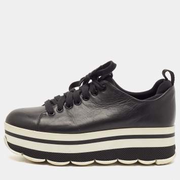 Pre Owned Prada Black Leather Platform Lace Up Sneakers Size 38