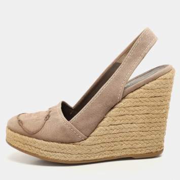 Prada Grey Canvas Logo Wedge Espadrille Slingback Sandals Size 36