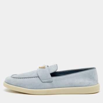 Pre Owned Prada Light Blue Suede Slip On Loafers Size 38.5