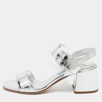 Pre Owned Prada Silver Leather Ankle Strap Sandals Size 36