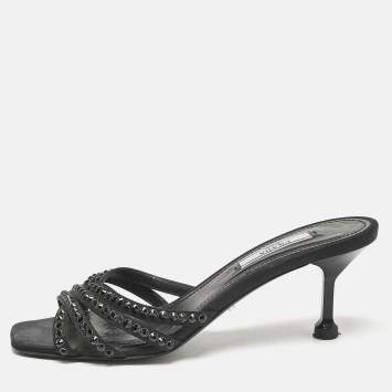 Prada Black Satin  Crystal Embellished Slide Sandals Size 36