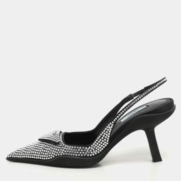 Prada Black Satin Crystal Embellished Pointed Toe Slingback Pumps 36.5