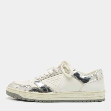 Pre Owned Prada White/Silver Leather and Patent Leather Downtown Low Top Sneakers Size 39