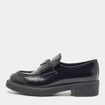 Pre Owned Prada Black Patent Leather Triangle Logo Platform Loafers Size 38