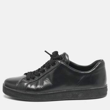 Prada Black Leather Lace Up Low Top Sneakers Size 37