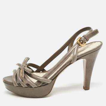 Pre Owned Prada Taupe Grey Leather Strappy Slingback Platform Sandals Size 38