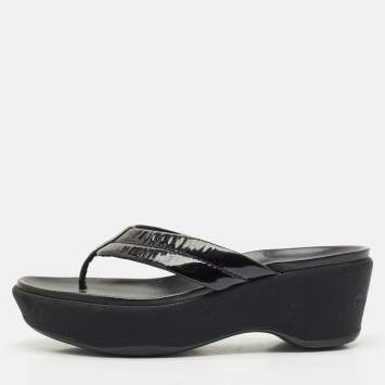 Prada Black Patent Leather Platform Thong Sandals Size 38