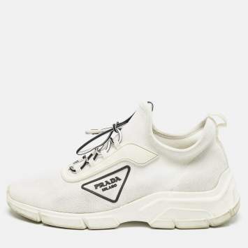 Prada White Logo Knit Fabric Low Top Sneakers Size 37