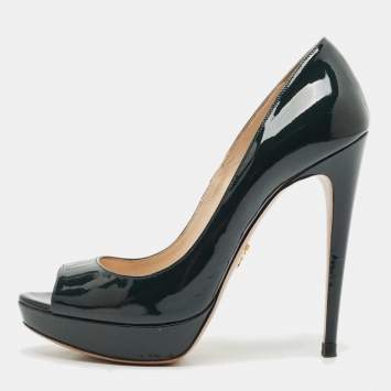 Pre Owned Prada Dark Green Patent Leather Peep Toe Pumps Size 37.5