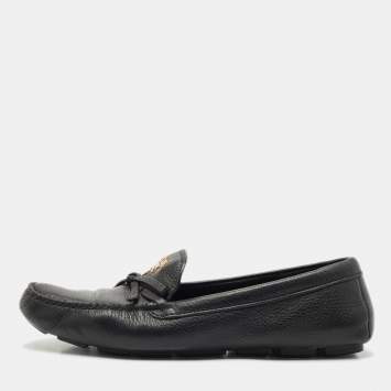 Prada Black Leather Bow Logo Embellished Slip On Loafers Size 40