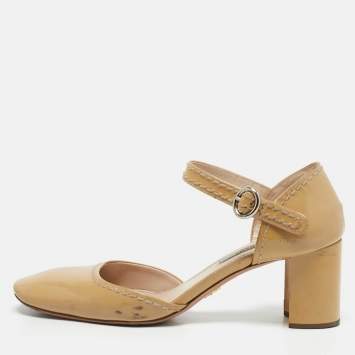 Pre Owned Prada Beige Patent Leather Block Heel Mary Jane Pumps Size 39