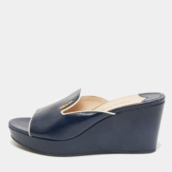 Pre Owned Prada Navy Blue Saffiano Patent Leather Wedge Platform Slide Sandals Size 37
