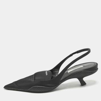 Prada Black Nylon Logo Print Pointed Toe Slingback Pumps Size 36