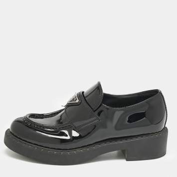 Prada Black Patent Leather Triangle Logo Slip On Loafers Size 37