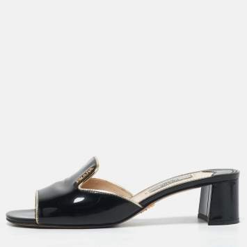 Prada Black Patent Leather Logo Slide Sandals Size 36