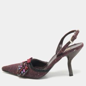 Pre Owned Prada Burgundy Tweed Crystal Embellished Slingback Pumps Size 39