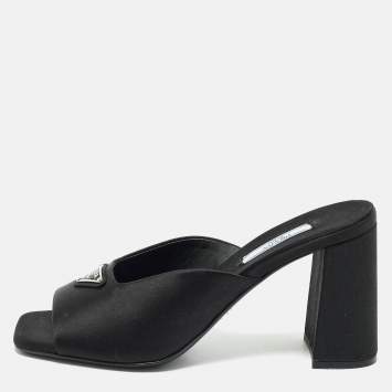 Prada Black Satin Triangle Logo Block Heel Slide Sandals Size 38 
