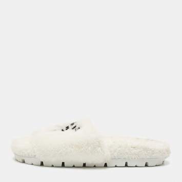 Prada White Shearling Terry Flat Slides  Size 39
