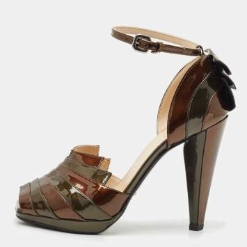 Prada Brown/Green Patent Leather Pleated Peep Toe D'orsay Pumps Size 36.5