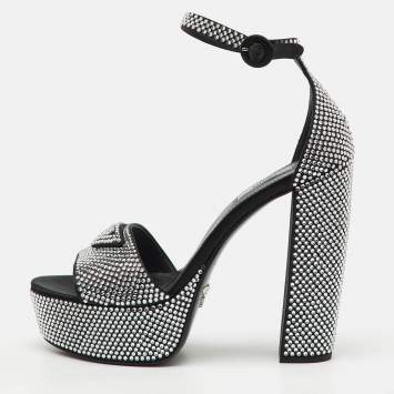 Prada Black Satin Crystal Embellished Ankle Strap Platform Sandals Size 39.5