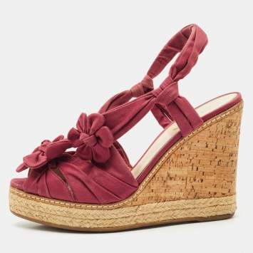 Prada Burgundy Fabric Flower Cork Wedge Slingback Sandals Size 40