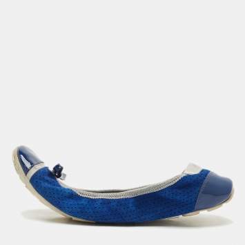 Prada Navy Blue/Silver Patent Leather and Nubuck Leather Scrunch Ballet Flats Size 38