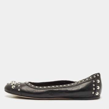 Prada Black Leather Studded Ballet Flats Size 37.5