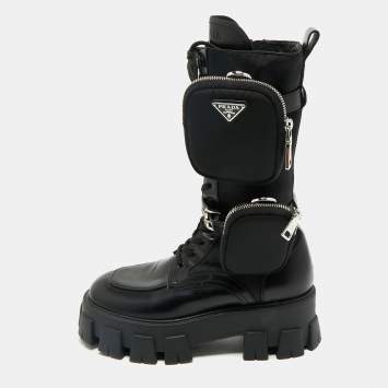 Prada Black Leather and Nylon Monolith Combat Boots Size 37.5