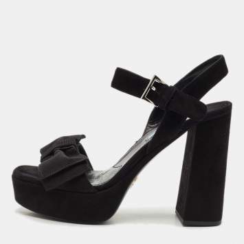 Prada Black Suede Ankle Strap Block Heel Platform Sandals Size 39