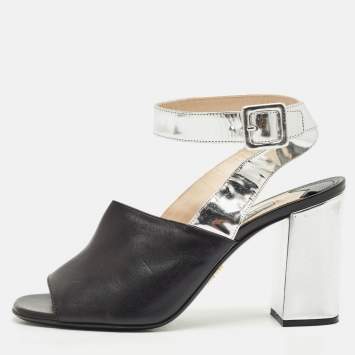 Prada Black/Silver Leather Ankle Strap Sandals Size 38