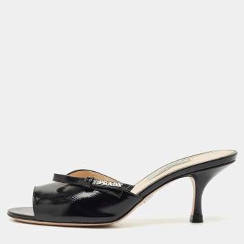 Prada Black Patent Leather Logo Slide Sandals Size 36.5