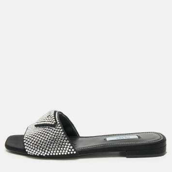 Prada Black Satin Crystal Embellished Flat Slides Size 36.5