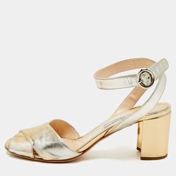 Pre Owned Prada Gold Leather Ankle Strap Block Heel Sandals Size 38
