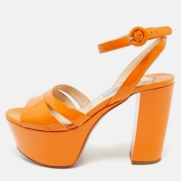 Prada Orange Patent Leather Platform Ankle Strap Sandals Size 36