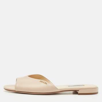 Prada Beige Patent Saffiano Leather Flat Slides Size 38.5