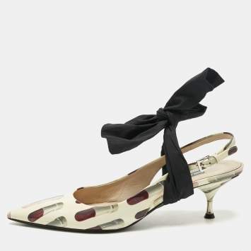 Prada Multicolor Leather and Fabric Bow Slingback Pumps Size 41