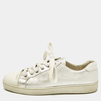 Prada Silver/White  Leather and Rubber Cap Toe Lace Up Sneakers Size 37.5