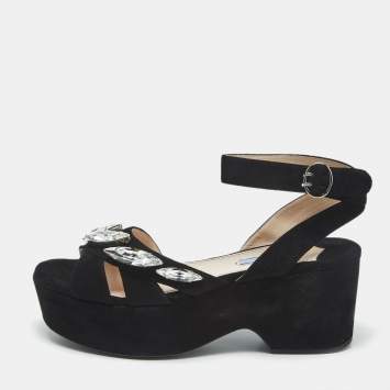 Prada Black Suede Crystal Embellished Platform Sandals Size 39