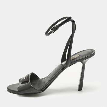 Pre Owned Prada Black Patent Leather Logo Ankle Strap Sandals Size 40