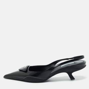 Prada Black Leather Triangle Patch Slingback Pumps Size 38.5