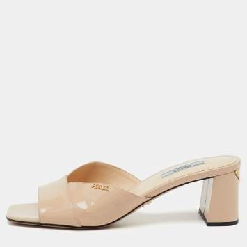 Prada Beige Patent Leather Block Heel Open Toe Slide Sandals Size 39