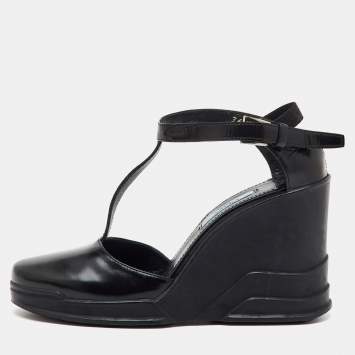 Prada Black Leather T-Strap Platform Wedge Sandals Size 36