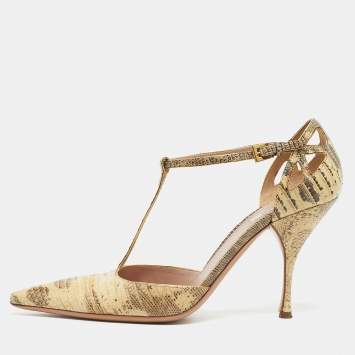 Prada Cream/Black Lizard T Strap Pumps Size 37