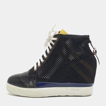 Prada Black Leather and Mesh Wedge Sneakers Size 40