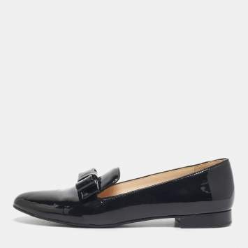 Pre Owned Prada Black Patent Leather Bow Smoking Slippers Size 39