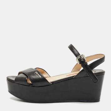 Pre Owned Prada Black Leather Crisscross Wedge Sandals Size 36.5