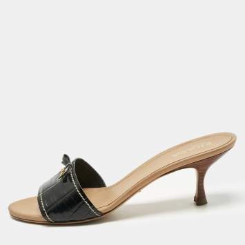 Pre Owned Prada Black Croc Embossed Leather Bow Slide Sandals Size 41