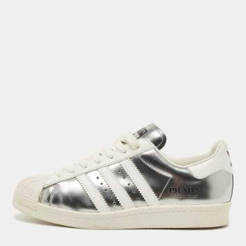 Pre Owned Prada X Adidas Silver/White Leather Superstar Lace Up Sneakers Size 39.5