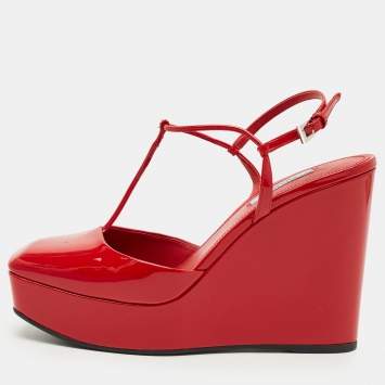 Pre Owned Prada Red Patent Leather T  Strap Wedge Pumps Size 38.5