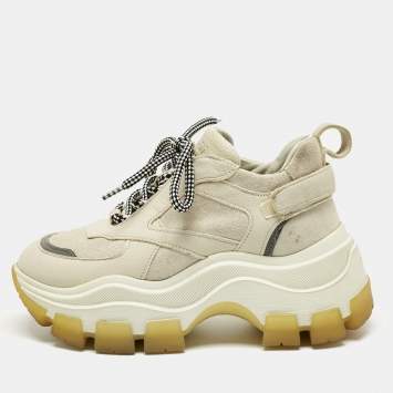 Pre Owned Prada Cream Suede and Leather Lace Up Low Top Sneakers Size 35